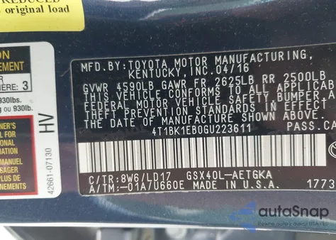 2016 Toyota Avalon Xle z USA, uszkodzony, nr VIN 4T1BK1EB0GU223611